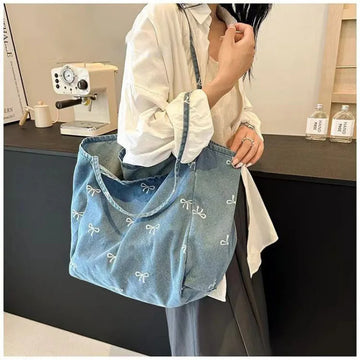 Qfdian Cowboy canvas bag, ladies' bow, sweet and versatile tote bag, large capacity casual shoulder bag